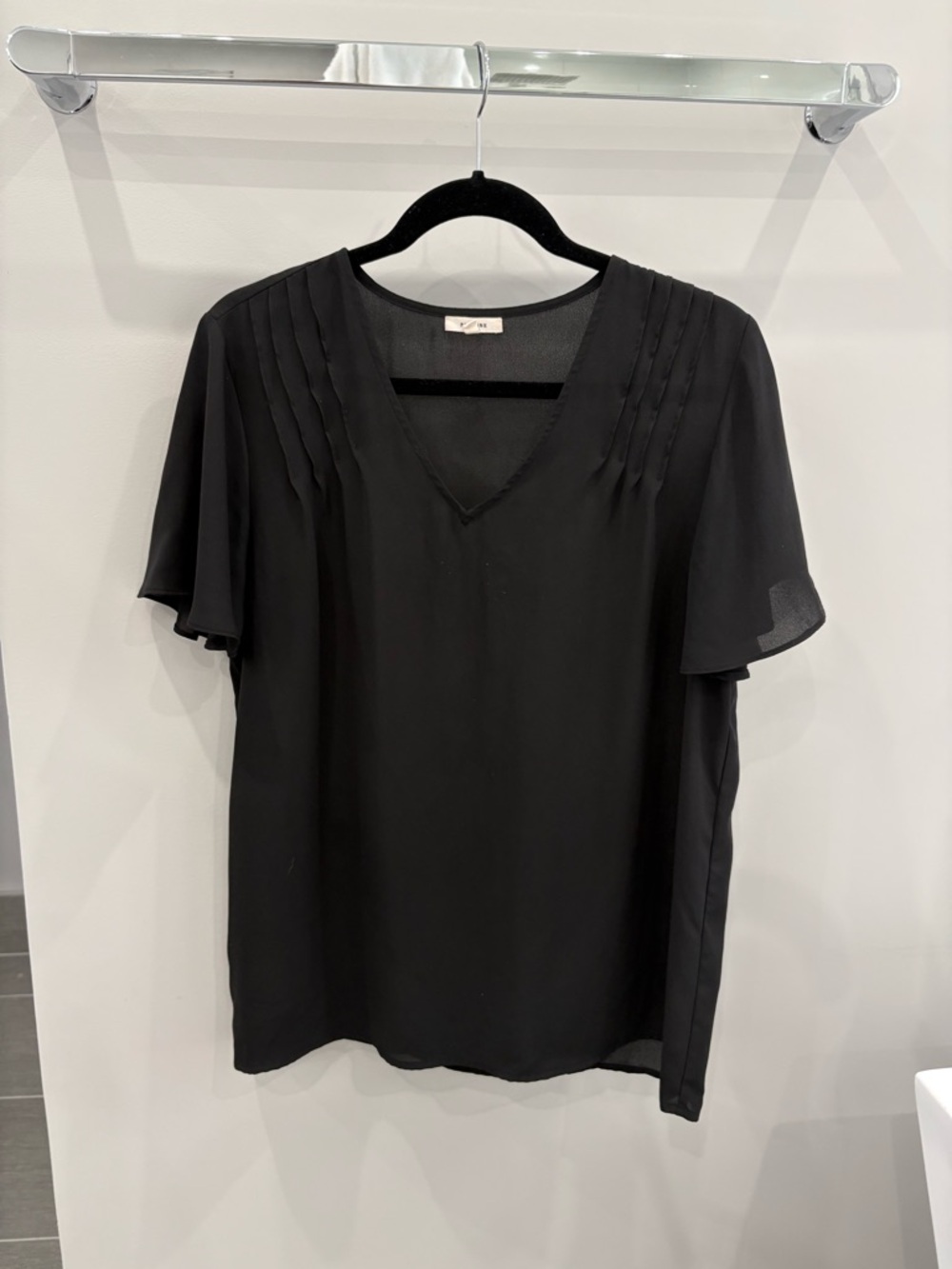 Pleione Black V-Neck Pintuck Flutter Sleeve Blouse